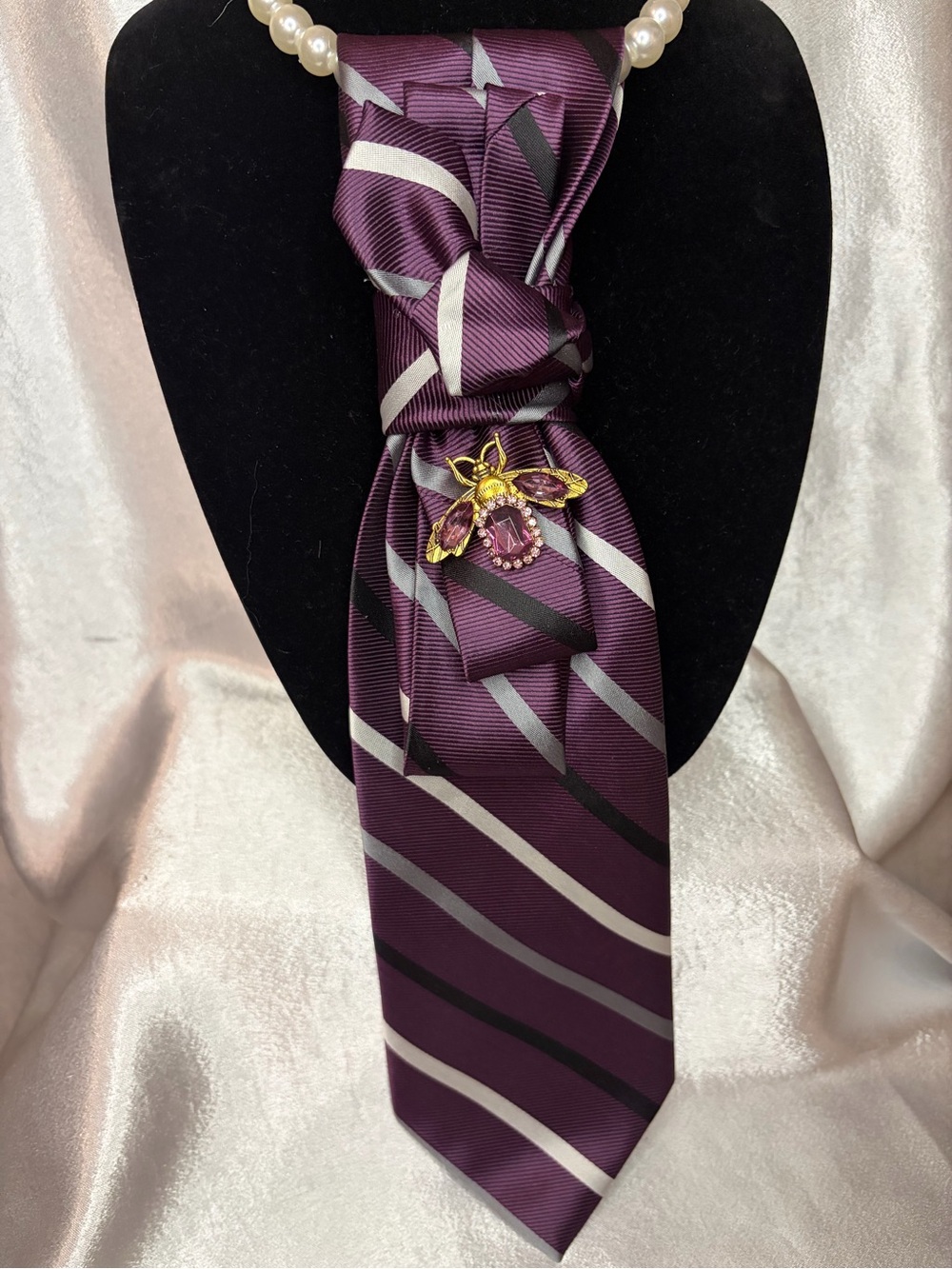 Purple Striped Necktie with Bee Brooch
